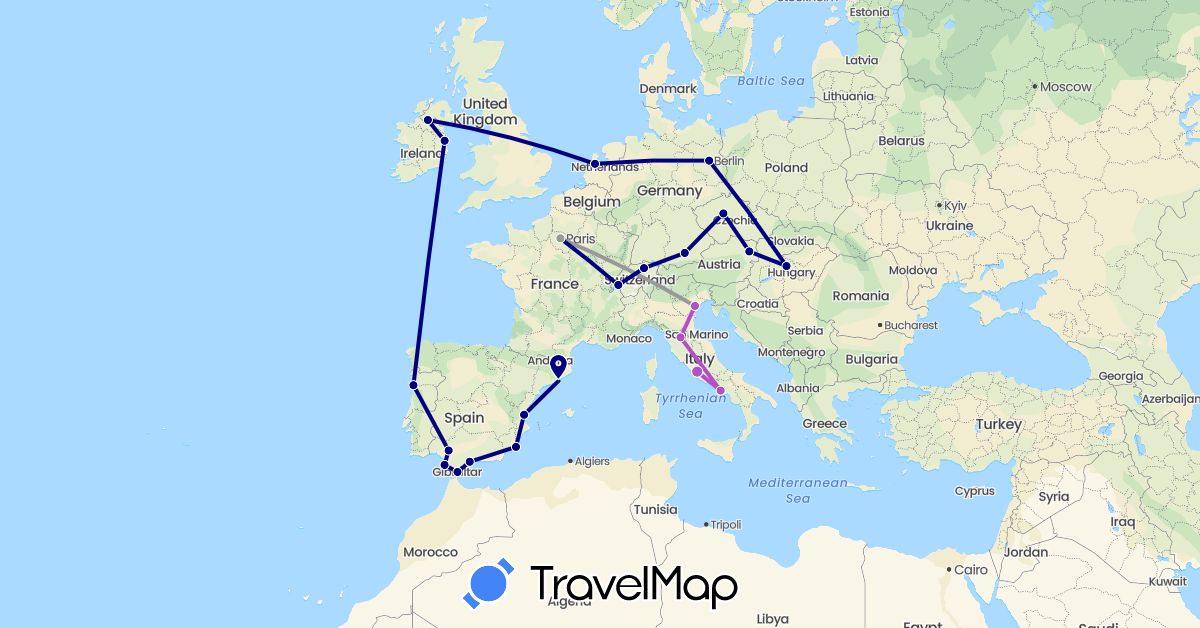 TravelMap itinerary: driving, plane, train in Austria, Switzerland, Czech Republic, Germany, Spain, France, United Kingdom, Gibraltar, Hungary, Ireland, Italy, Netherlands, Portugal (Europe)